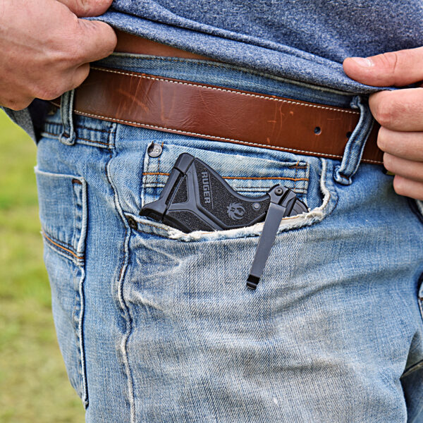 LCP model firearm carried in jeans pocket, showcasing discreet and safe carry option