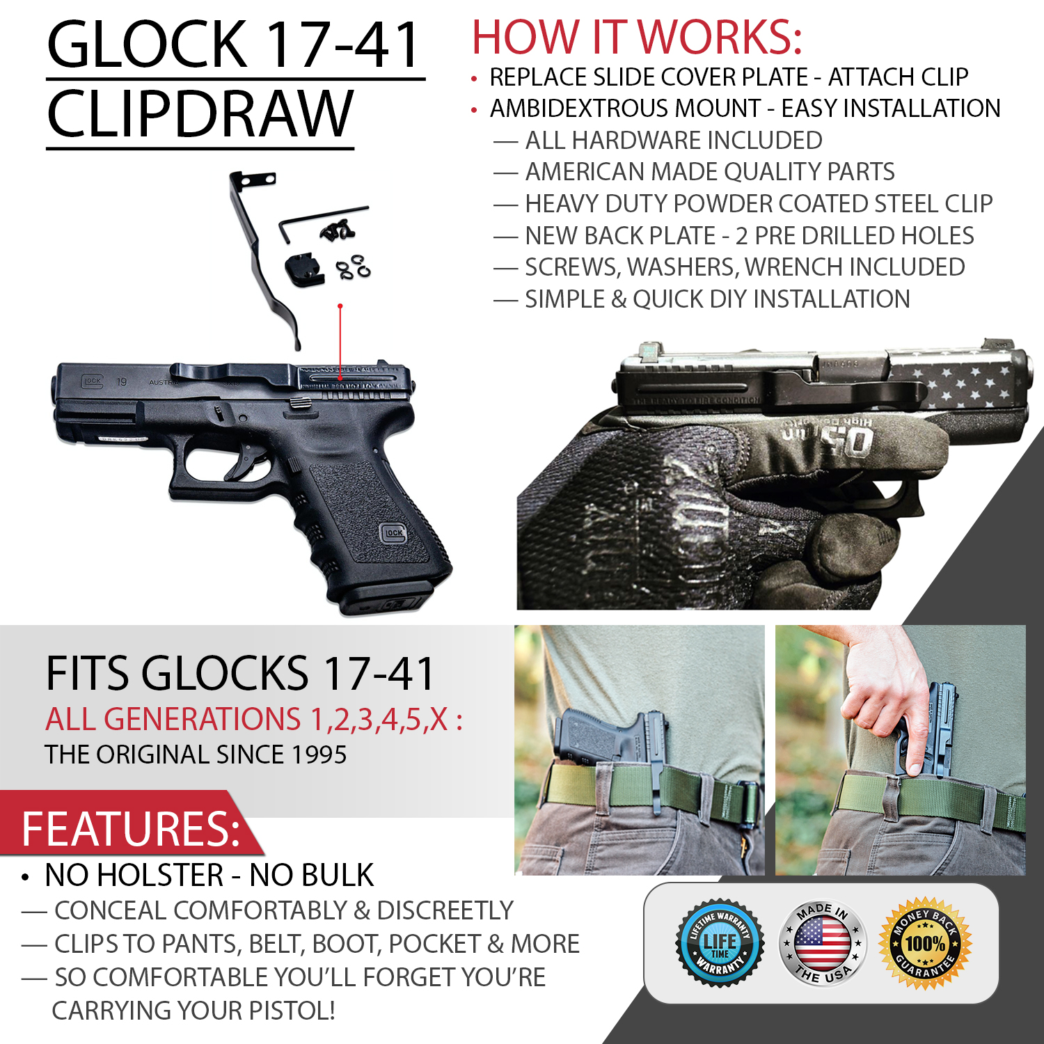Adjustable Clipdraw for Glock 20 21 Black Belt Pant Clip Waistband Conceal GL-A 