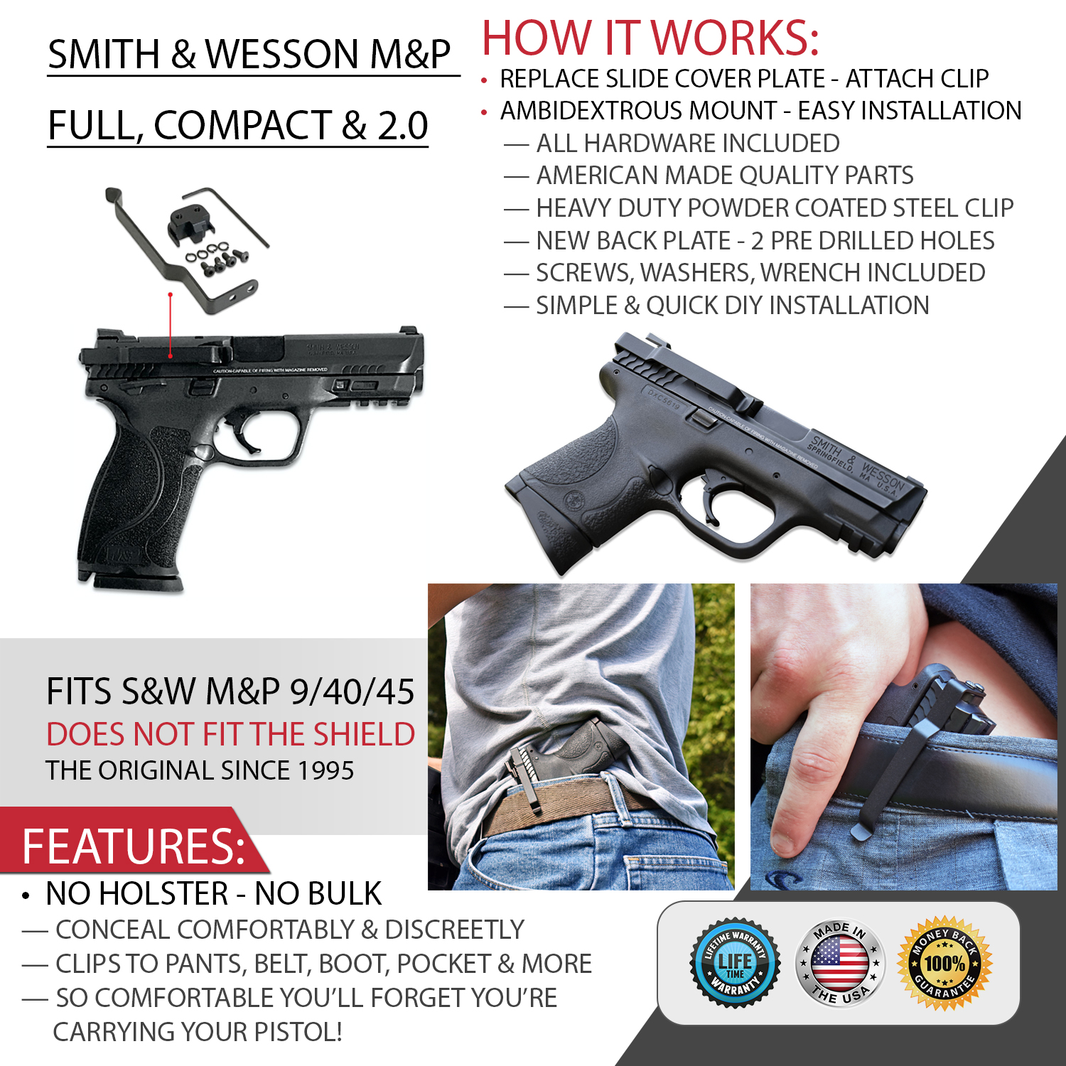 Belt Clip Fits S&W Shield Right Hand Black M&P Shield 9 and 40 pistols No Bulk 