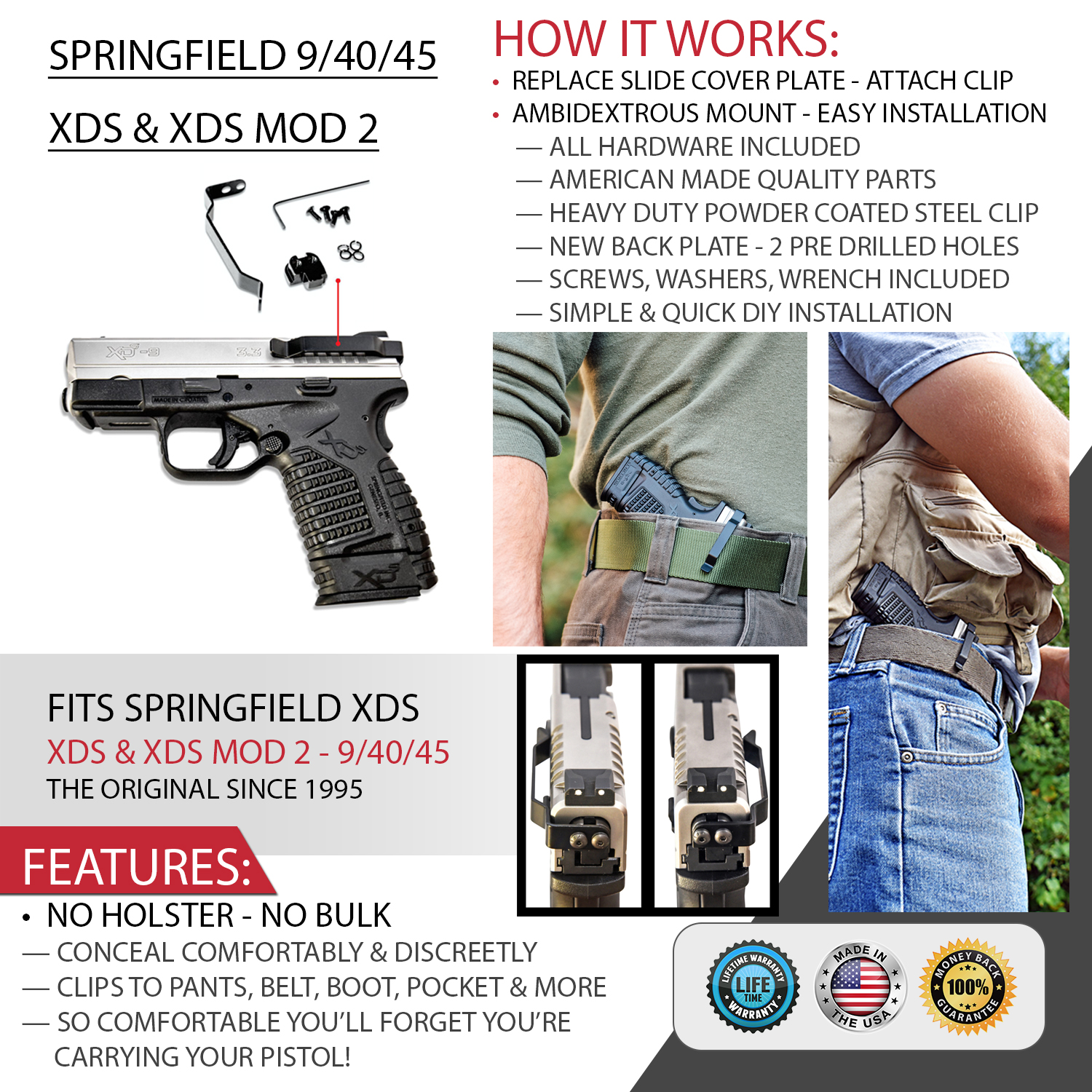 Springfield XD Mod 2 .45 cal 3.3" IWB Shield Spring Clip Holster LEFT Hand Black 